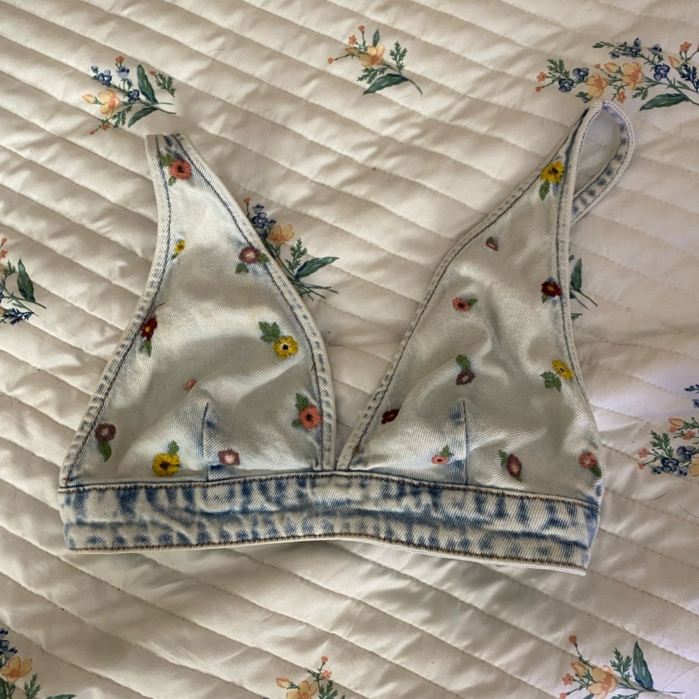 Embroidered jean flower bralette